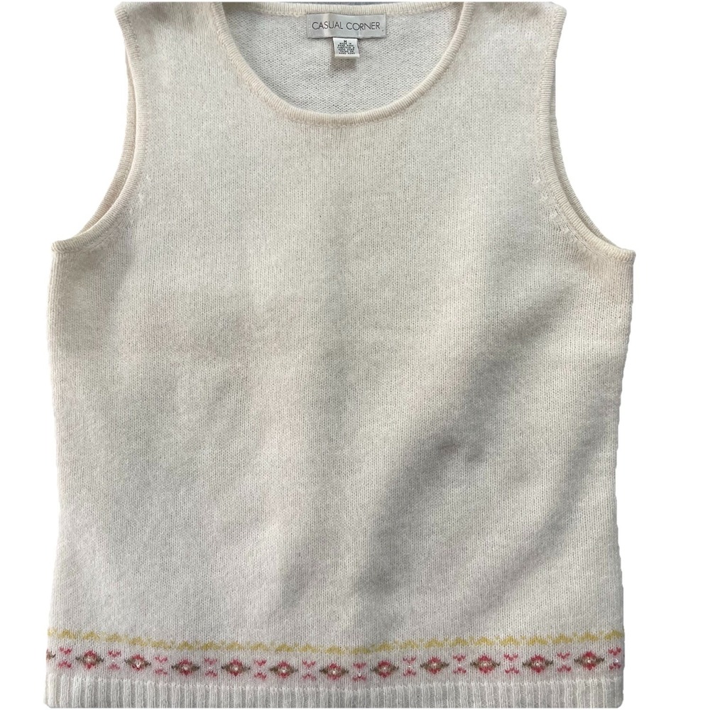 Casual Corner Womens Sweater Vest Wool M Cream Angora Wool Blend Fair Isle Fall - Picture 5 of 5
